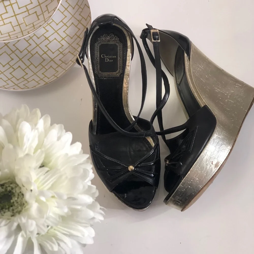 Dior Black Patent Leather Peep-Toe Wedge Sandals with Gold Stud
